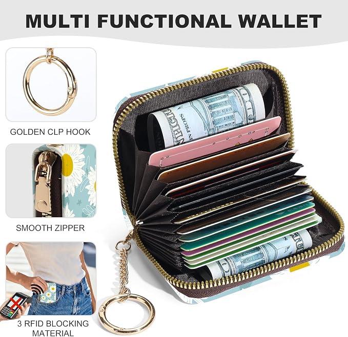 Credit Card Holder for Women,Small Rfid Wallet with Keychain Zipper,Cute PU Leather Card Case Wallet，Accordion Credit Card Wallets Gift,White Flowers - Image 2