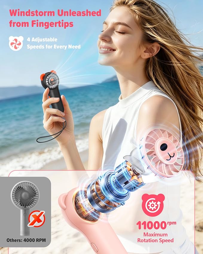 Portable Handheld Fan, Cute Bear Mini Fan with 11000 RPM High Speed, Rechargeable Personal Fan with 4 Speeds, Pocket Small Fan for Travel, Makeup, Lash, Gifts for Women Girl - 2 Pack - Image 3