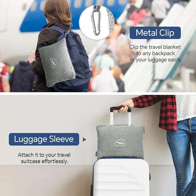 BEDELITE Travel Blanket with Bag, Jacquard Fleece Blanket 65"x40", Grey | Ultra-soft Airplane Blanket, Luggage Sleeve & Backpack Clip, Travel Essentials for Women, Foldable as Pillow for Long Flight - Image 4
