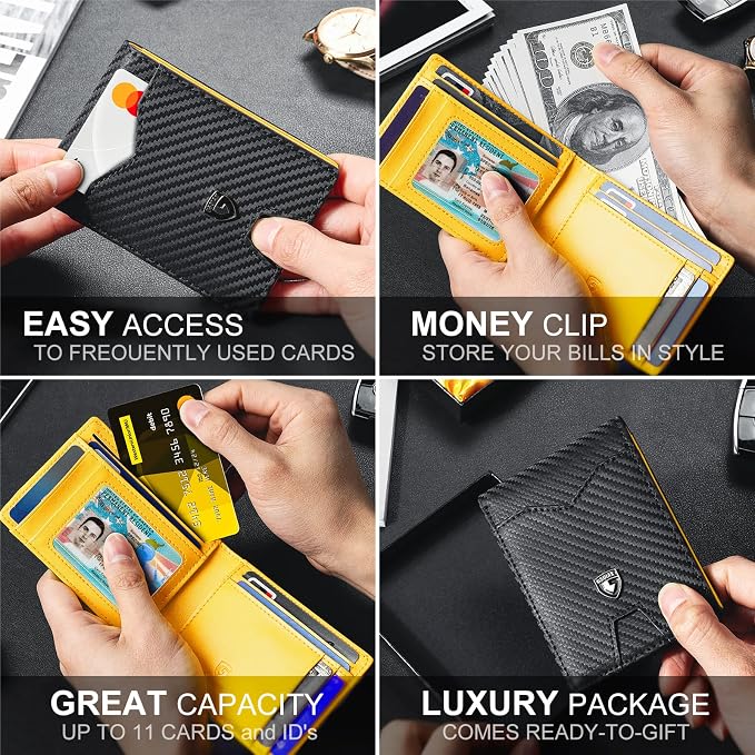 GSOIAX Slim Wallet for Men Rfid Blocking Leather Bifold Front Pocket Carbon Fiber Men's Money Clips Credit Card Holder With Gift Box - Image 3