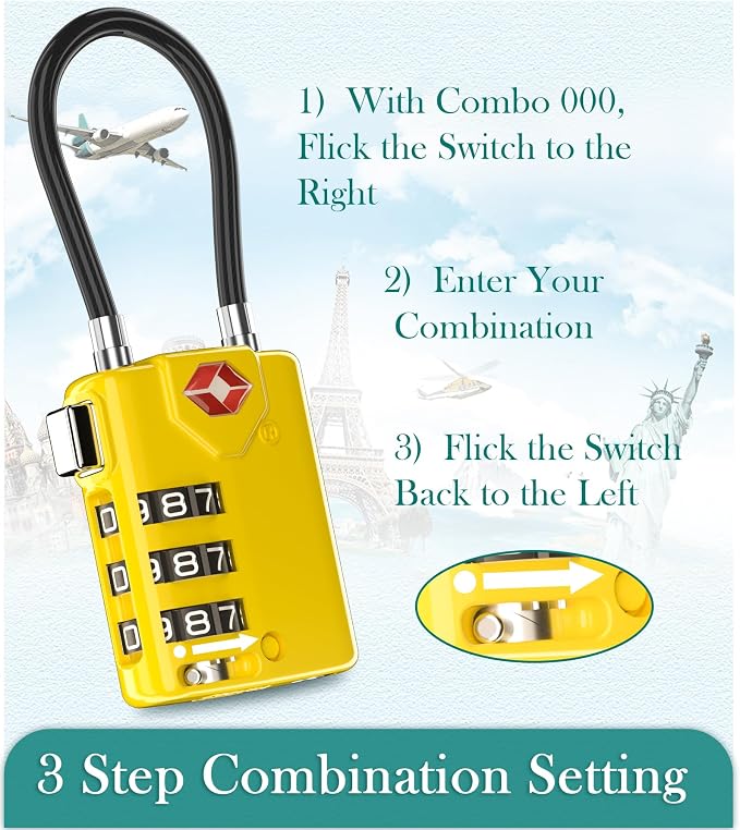 TSA Approved Luggage Locks, Combination Cable Locks, 4 Pack, Yellow | Search Alert shows TSA key access; resettable 3-digit code and flexible braided steel cable for suitcases and backpacks. - Image 7