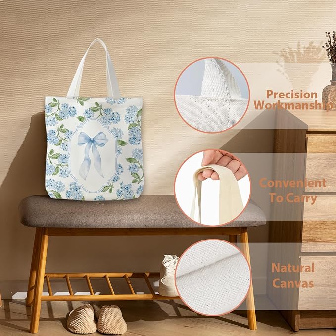 Grandmillennial Blue Floral Tote Bag for Women,Blue Floral Reusable Shopping Grocery Bags - Image 4