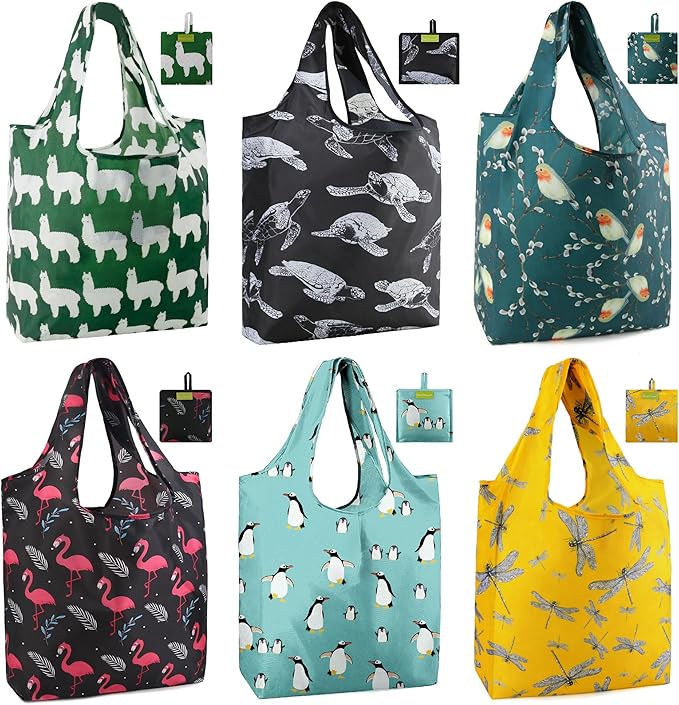 BeeGreen Animal Reusable Shopping Bags Cute Grocery Bag 6 Pack, Christmas Gift Bags Heavy-Duty Foldable Shopping Totes for Supermarket, Work & Travel, Large Washable Polyester Tote Bag with Handles by BeeGreen