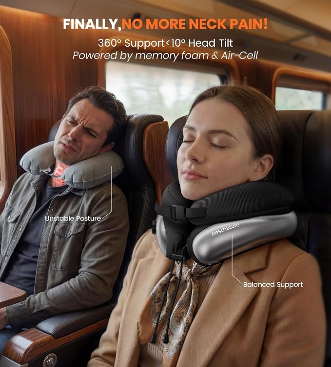 Neck Pillow for Traveling, Travel Pillows for Airplanes, Adjustable Neck Pillow Airplane Travel Essentials - 2 Layer Patented | Inflatable Air Loop & Memory Foam for 360° Ergonomic Support - Image 5