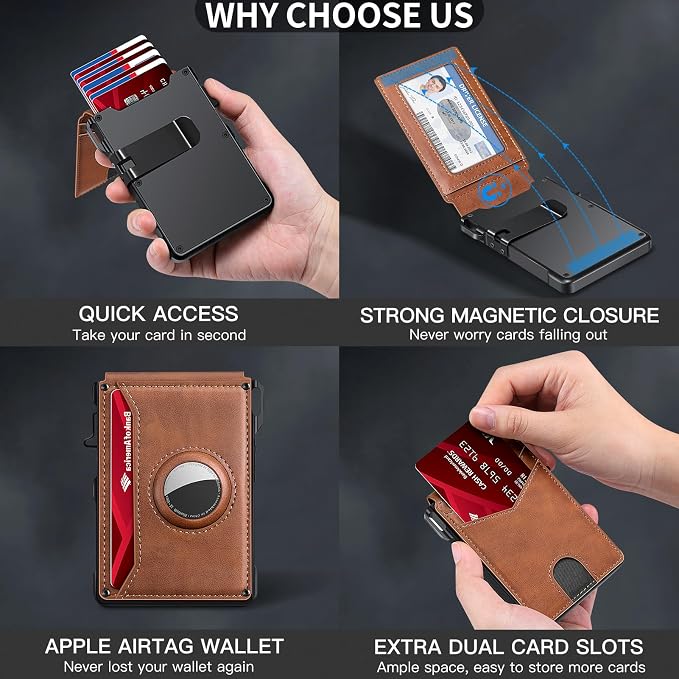 KIKVES Airtag Wallet for Men, Mens Smart Wallet for Air Tag RFID Blocking, Minimalist Bifold Pop Up Aluminum Credit Card Case Holder 12+ Cards with ID Window, Gift for Men, No Airtag Included, Brown - Image 6