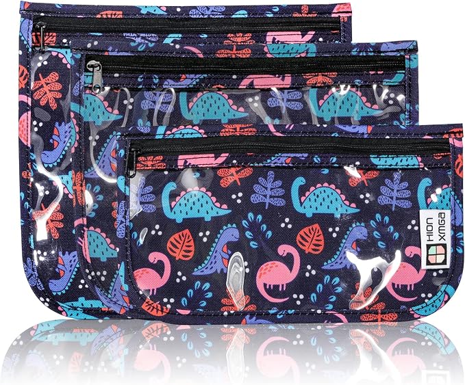 HIONXMGA Set of 3 Clear Travel Toiletry Bag, TSA Approved, Quart Size S/M/L | Clear Front Zipper Pouches Waterproof Cosmetics Bags for Women Kids Toiletries Baby Essentials Well-Organized Carry, Dinosaur by HIONXMGA