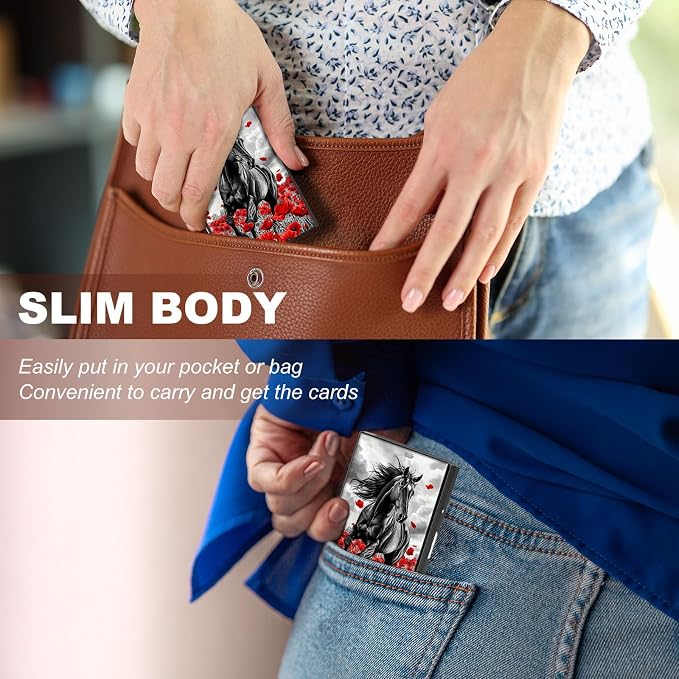 Metal Wallet,Credit Card Holder for Women,Slim RFID Blocking Credit Card Holder Thin Aluminum Wallet ID Case,6 Slot Business Mini Hard Metal Case for Women/Men,Black Horse Flower - Image 4