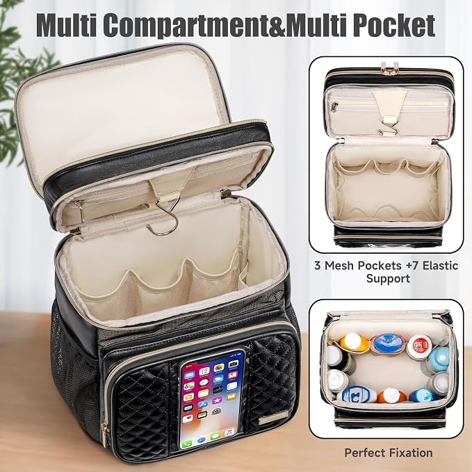 Large Leather Toiletry Bag for Women Men,Bathroom Bag,Water Resistant Shower Bag,Makeup Bag,Portable Shower Caddy for College Dorm,Hanging Travel Toiletry Bag with Transparent Waterproof Phone Pocket - Image 5