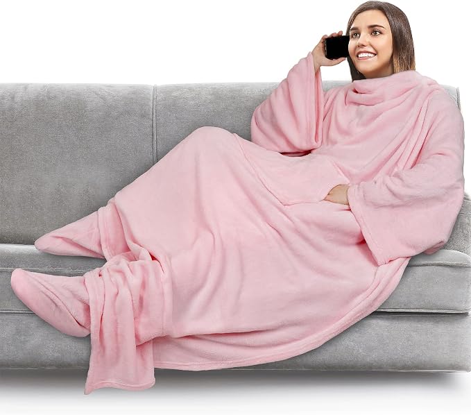 PAVILIA Fleece Blanket with Sleeves, Foot Pockets for Women Men Adults, Plush Wearable Blanket Throw Wrap, Warm Snuggle Blanket Robe, Cozy Gift Ideas Wife Mom, Light Pink by PAVILIA