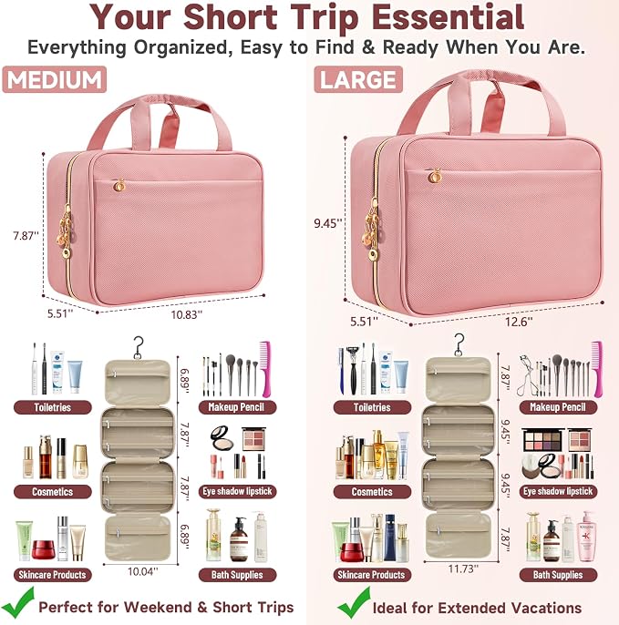 Travel Toiletry Bag for Women, Hanging Makeup Organizer Clear Pockets | Large Hanging Travel Organizer with Compartments, Front Pocket, Fits Full-Size Skincare, Makeup & Toiletries (Pink, Medium) - Image 3
