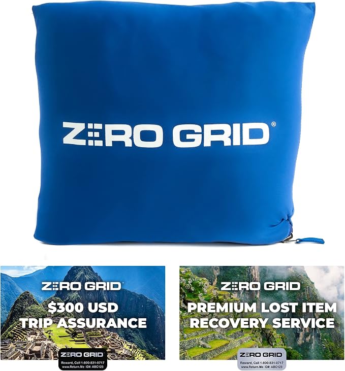 Zero Grid Lightweight Airplane & Travel Blanket with Foot Pockets, Blue | Compact Wearable Blanket with Neck Snaps, Zips & Converts to Soft Pillow for Ultimate Comfort - Image 8