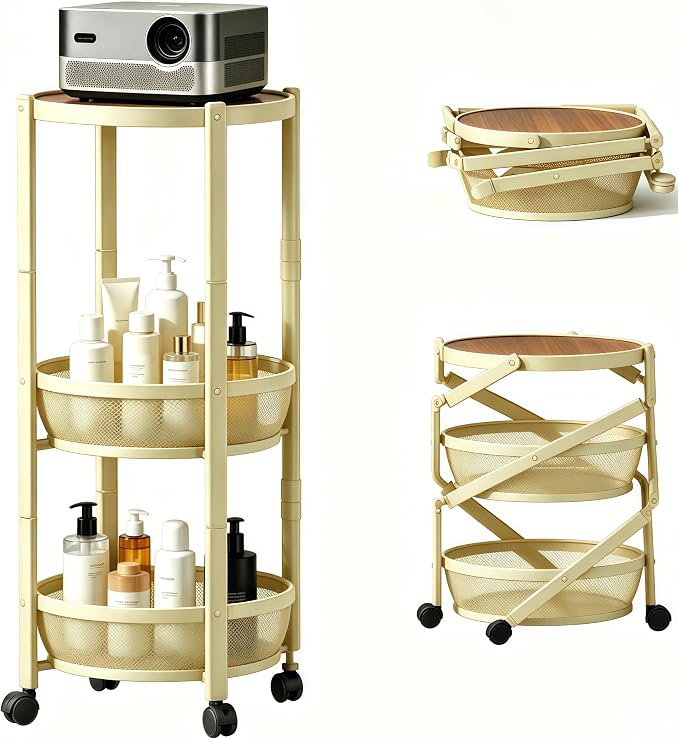 3-Tier Foldable Rolling Cart, Collapsible Metal Utility Cart with Wheels, Assembly-Free, Round Storage Organizer Trolley for Kitchen, Bathroom, Dorm, Nursery-Light Yellow by NOEMOCY