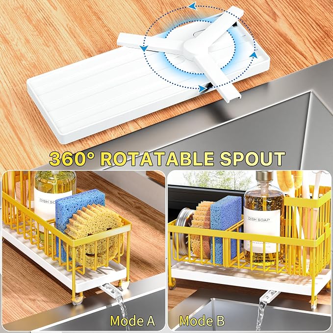 Cisily Sponge Holder for Kitchen Sink, Sink Caddy Organizer with High Brush Holder, Kitchen Countertop Organizers and Storage Essentials, Rustproof 304 Stainless Steel (Yellow, 9.25″) - Image 2