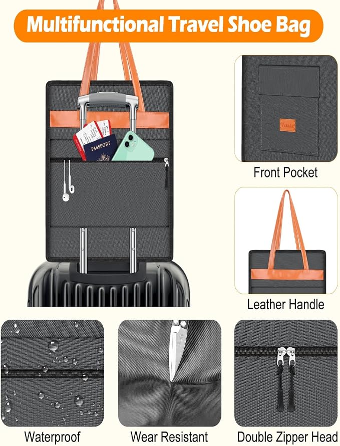 Yotako Shoe Bag for Travel with Leathers Handle Grey | Shoe Organizer with Pockets,3 in 1 Hanging Luggage Shoe Storage Bag,Travel Shoe Bag for Women Men Fit 6 PCS Shoes - Image 4