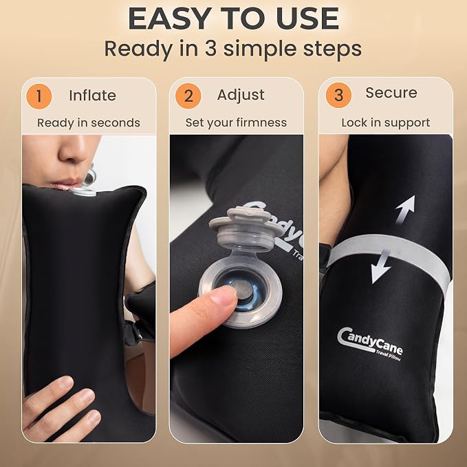 CANDY CANE Inflatable Travel Pillows for Airplanes, Cars & Home. Head, Neck & Chin Support. Firmness Adjustable, Inflatable Neck Pillow (Black) - Image 4