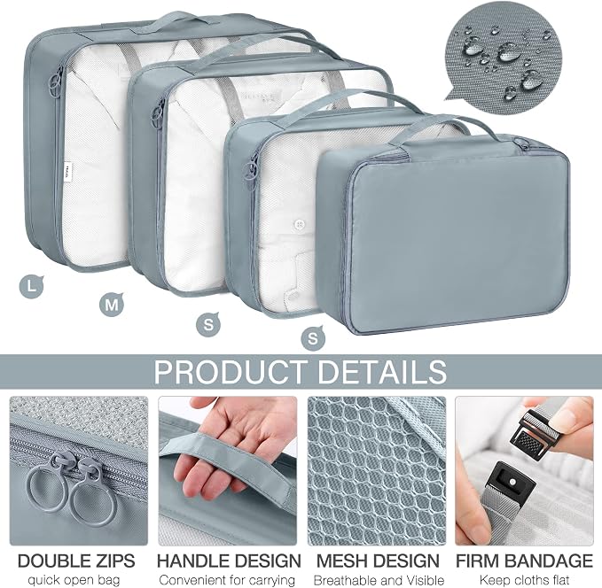 KPX 8 Set Packing Cubes for Travel, Luggage Packing Organizers Accessories Large Toiletries Bag for Clothes Shoes Cosmetics (Grey) - Image 3