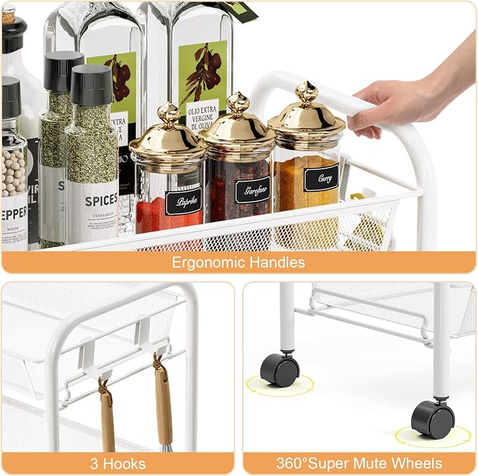 TOOLF 3 Tier Rolling Cart, Metal Utility Storage Cart with Wheels, White | 3 Hooks, Screwless Assembly, Trolley Organizer for Bathroom, Kitchen, Office, Nursery, Dorm, Laundry Room - Image 4