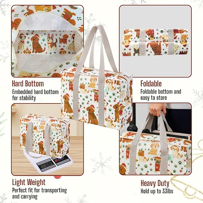 VENO 4 Pack Utility Tote Reusable Grocery Bags with Zipper & Hard Bottom | Heavy Duty Foldable Water-Resistant Shopping Bags for Summer Beach, Pool, Picnic & Travel Carry-on (Holiday Pups, 4 Pack) - Image 8