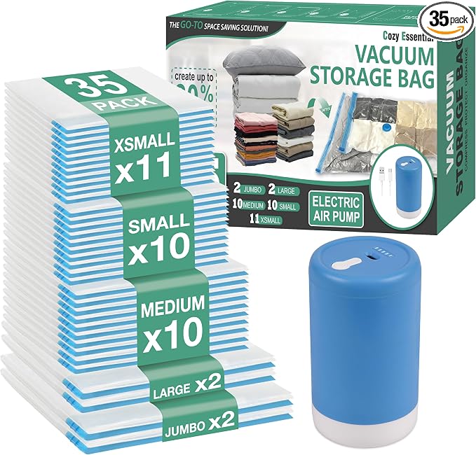 Cozy Essential Travel Vacuum Storage Bags with Rechargeable Cordless USB Pump, Space Saver Bags for Luggage, Suitcase, Carry-On, for Clothes, Blankets, Bedding & Seasonal Storage,35 Combo by CozyEssential
