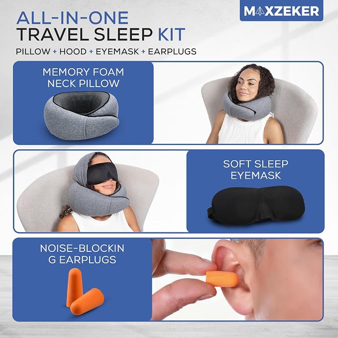 Travel Neck Pillows for Airplanes – Sleep Comfortably on Long Flights, Roadtrips, Home or Office. All-in-One Travel Sleep Kit with Hood, Eyemask and Earplugs - Image 2