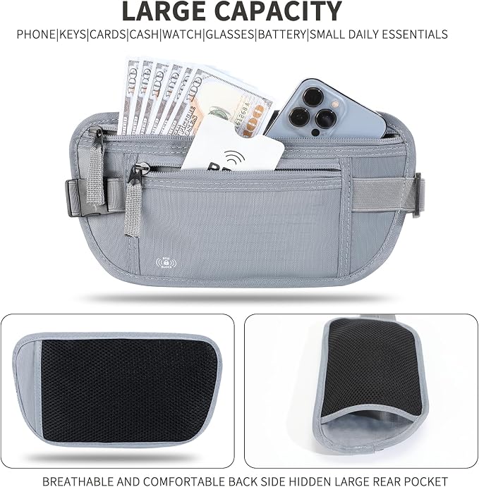 Money Belt for Travel, RFID Blocking, Hidden Money Belt, Passport Holder for Travel (Grey) - Image 3