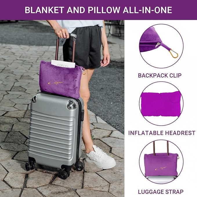 Travel Blanket & Pillow Set, 300 GSM Soft Fleece, 60x43 Inches, 3-in-1 Airplane Blanket, Travel Pillow and Blanket Set, Travel Blanket Airplane Compact with Bag, Travel Essentials, Violet - Image 2