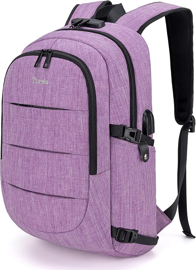 Tzowla Travel Laptop Backpack Water Resistant Anti-Theft Bag with Giant Tumbler Holder Pocket and Lock 17.3 Inch Computer Business Backpacks for Women Men Work College Gift,Casual Daypack(Purple) by Tzowla