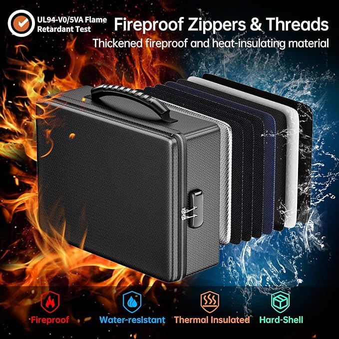 ENGPOW Fireproof Document Box with Lock & Heat-Resistant Fireproof Zipper | 6400°F 12-Layer Fire Protection,Hard Case File Organizer with Multi-Pocket,Portable Home Safe Storage for Money,Jewelry - Image 2