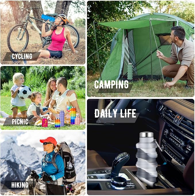Lallisa 8 Pcs Collapsible Water Bottles Bulk, 17 oz Portable Reusable Silicone Water Bottle, Foldable Bottles for Travel Gym Camping Hiking, Leak Proof Sports Bottle with Carabiner(Mixed Colors) - Image 6