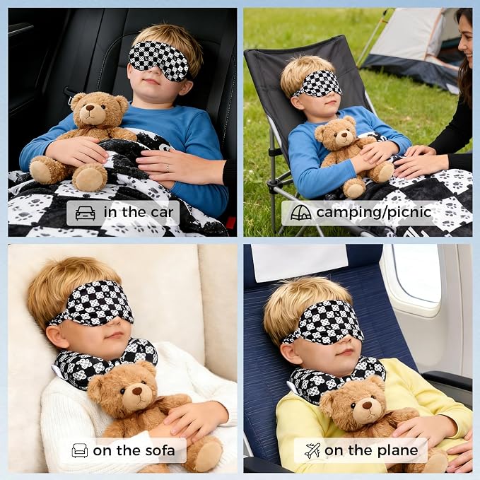 Travel Pillow with Detachable Flannel Blanket & Eye Mask – Plush Velvet Neck Support Pillow for Airplane,Car,Office Rest,Coordinated Digital Print Set (Black Dog Claw Grid, 50in * 60 in) - Image 5
