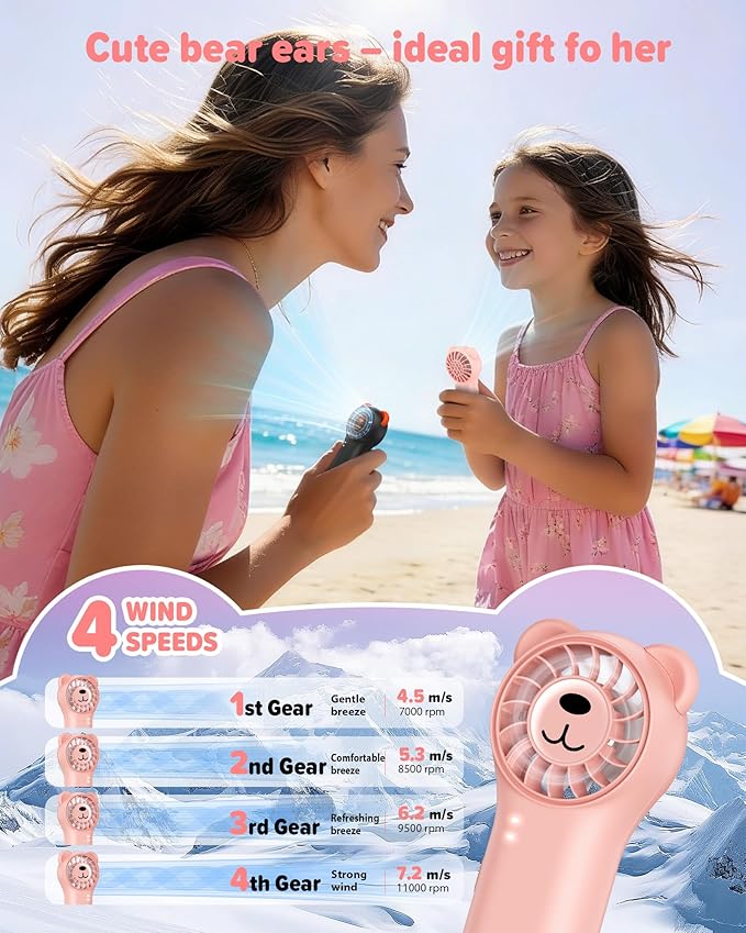Portable Handheld Fan, Cute Bear Mini Fan with 11000 RPM High Speed, Rechargeable Personal Fan with 4 Speeds, Pocket Small Fan for Travel, Makeup, Lash, Gifts for Women Girl - 2 Pack - Image 2