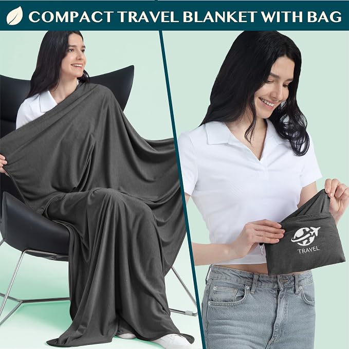 PAVILIA Travel Blanket Airplane Compact with Bag, Small Travel Pillow Blanket for Long Flights, Lightweight Plane Blanket with Luggage Strap, Camping Blanket for Traveler Essentials, Black, 65x40 - Image 2