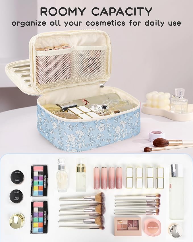Relavel Small Makeup Bag, Floral Cosmetic Bag with Makeup Brush Compartment | Portable Makeup Pouch for Women, Double Layer Makeup Organizer Bag, Cute Travel Toiletry Bag - Image 2