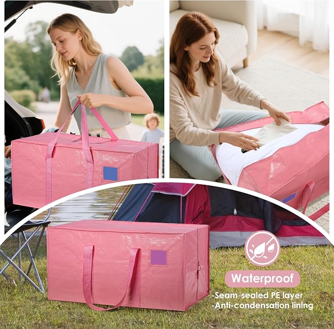 12 Pack Moving Bags with Full-Open Side Zipper, Extra Large 93L Heavy Duty Waterproof Foldable Storage Totes for College Dorm, Moving & Home Organization Pink - Image 9