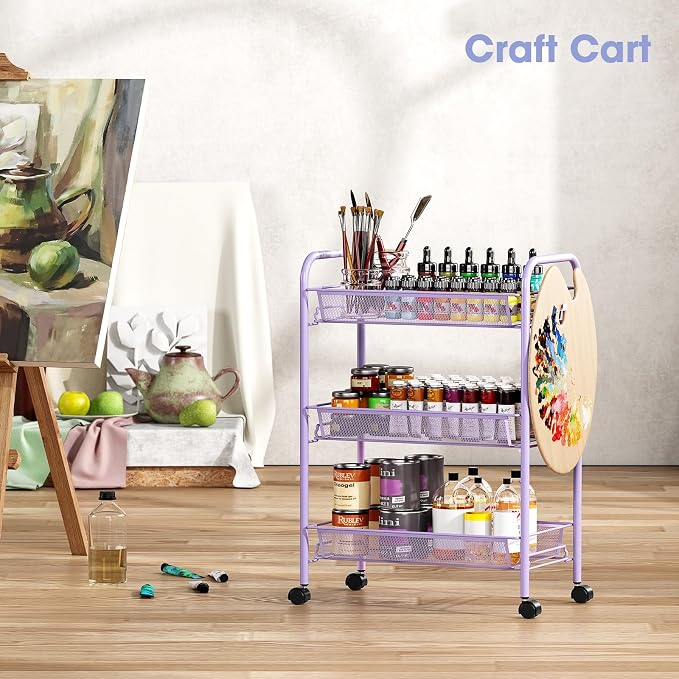 TOOLF 3 Tier Rolling Cart, Metal Utility Storage Cart with Wheels, Purple | 3 Hooks, Screwless Assembly, Trolley Organizer for Bathroom, Kitchen, Office, Nursery, Dorm, Laundry Room - Image 9