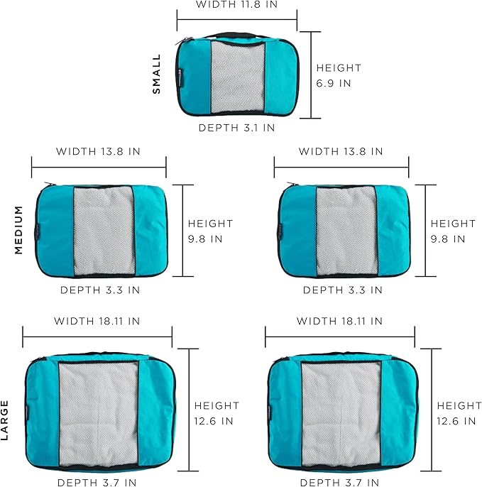 TravelWise Luggage Packing Organization Cubes 5 Pack, Teal, 2 Small, 2 Medium, 1 Large (TWPC-24) - Image 2