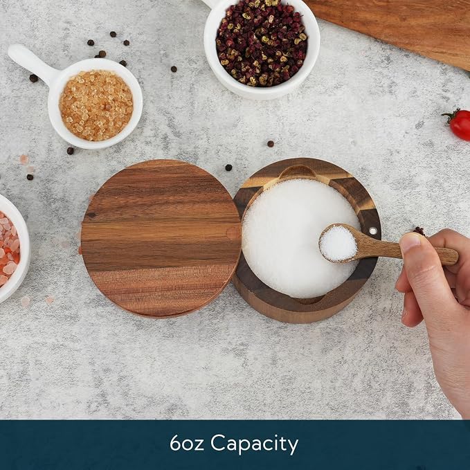 KITCHENDAO Acacia Wood Salt Cellar Bowl Box with Built-in Spoon to avoid Dust, Elegant Kitchen Salt Container Holder with Swivel Magnetic Lid to Storage Pepper Spice Bath Salt Sea Salt, 6OZ - Image 2