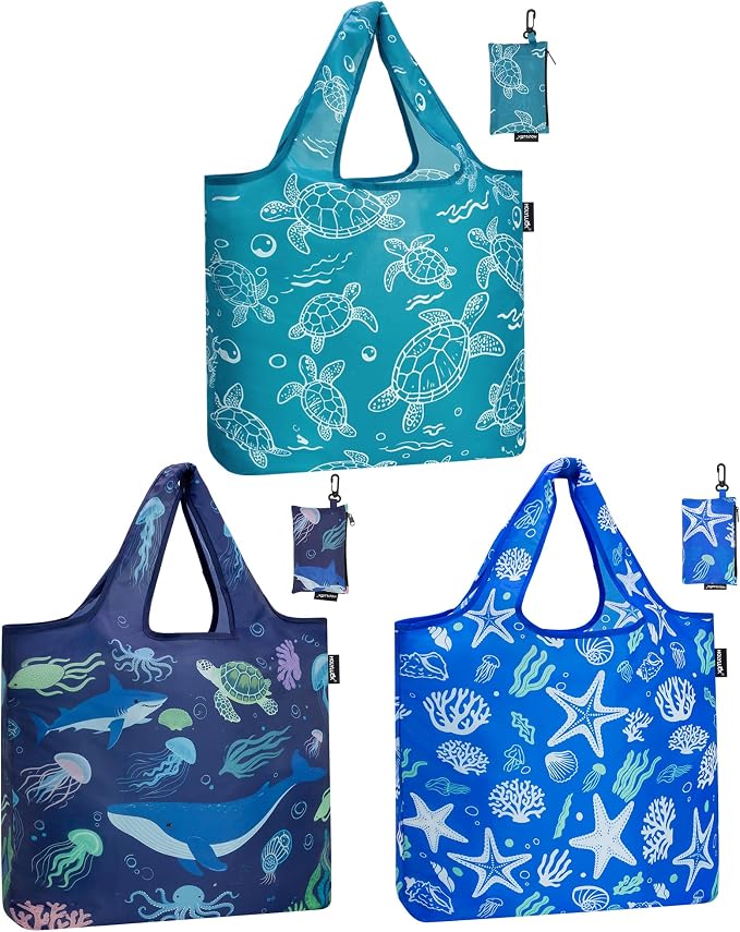 HOLYLUCK Reusable Grocery Bags,Heavy Duty Foldable Shopping Tote Bag (Standard, 3 Ocean Life) by holyluck