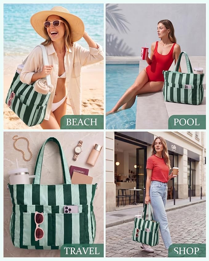 Kacctyen Striped Beach Tote Bag for Women Large Beach Foldable Tote Bag with Zipper Pockets for Travel Pool - Image 2
