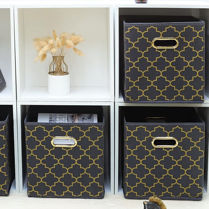 Fabric storage bins Cubes, Fabric Cube Organizer with Handle, Foldable Cube Bins for Cloth or Accessary Storage, 11x11x11, Set of 3, (Grey Gold) - Image 4