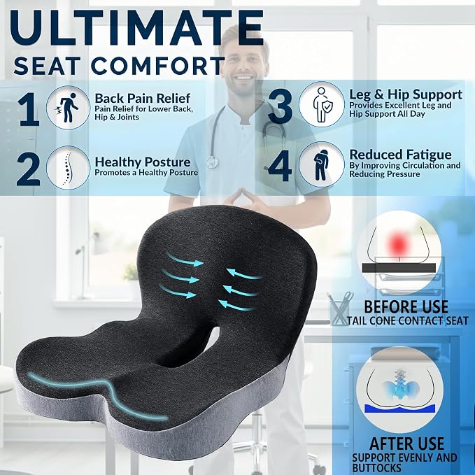 Memory Foam Seat Cushion for Truck Drivers, Office Chairs Ergonomic Seat Cushion for Back, Tailbone Sciatica Pain Relief, Pressure Relief Pad for Long Sitting, Car Seat Desk Chair Use (Gray) - Image 4