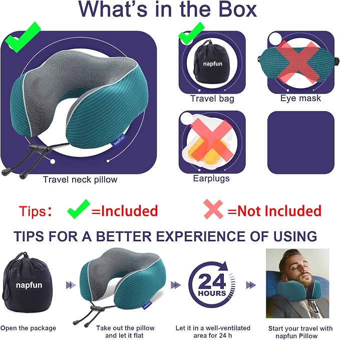 napfun Neck Pillow for Travel, Memory Foam Airplane Pillow, Teal | 360° Neck Support, Upgraded 100% Memory Foam for Airplane, Car, Train, Bus, Office Sleep, Travel Essentials for Long Flights - Image 5