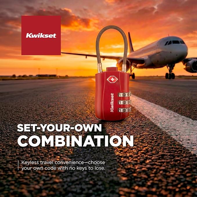 Kwikset TSA Approved Combination Luggage Lock with Cable, 2-Pack, Red | Cable Shackle Fits Odd Zipper Pulls and Duffel Handles; Pair of Resettable Locks, 1-3/16 in Body - Image 5