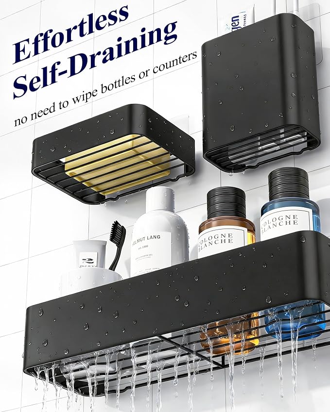 Kitsure Large Shower Caddy - Adhesive 6-Pack Bathroom Shelves, Black | No-Drilling Rustproof Shelves with Soap Holder, Toothbrush Holder, 6 Hooks, Stylish Bathroom Organizers and Storage Solution - Image 3