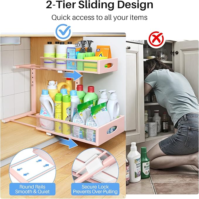 Under Sink Organizer, 2 Tier Pull Out Under Cabinet Organizer Shelf with Pad for Framed Cabinets, Metal Slide Out Under Sink Storage, Mesh Sliding Drawers for Kitchen Bathroom Laundry(Pink, 1 Pack) - Image 4