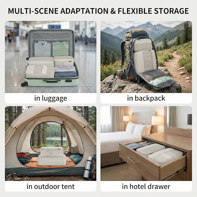 4 Piece Compression Packing Cubes for 3–7 Day Travel, Off White | Wrinkle-Resistant Memory Fabric, Breathable Mesh Panel, Double-Zipper, Small to Large Size Bag, Smart Organization - Image 6