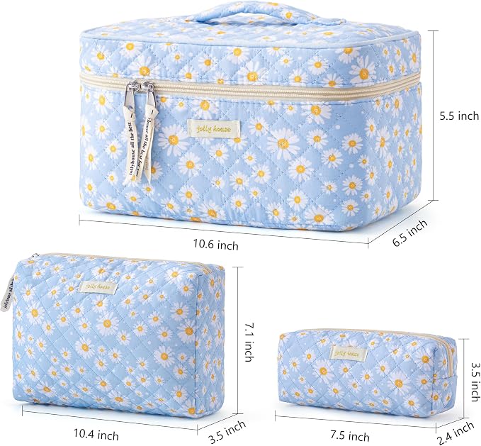 HBselect Quilted Makeup Bag, 3Pcs Cotton Large Travel Makeup Bags Organizer | Cute Floral Make up Bag Cosmetic Bag Toiletry Bag for Women Girls, Makeup Pouch for Skincare, Brushes & Travel Essentials - Image 6