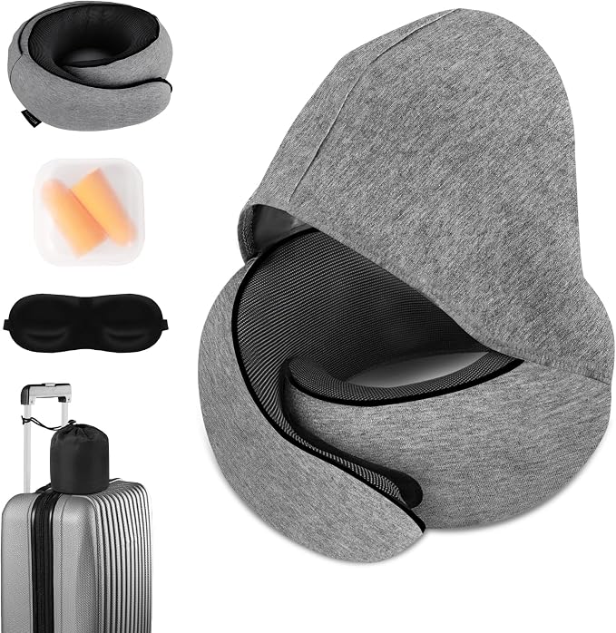 Travel Neck Pillow, Newly Upgraded Hooded Neck Pillow , 100% Pure Memory Foam Travel Pillow for Flight Headrest Sleep,Portable Aircraft Accessory,Suitable for use in Plane/Car/Office(Light grey) by Unknown