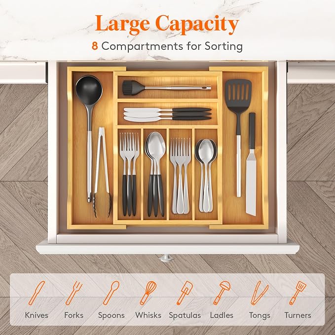 Lifewit Silverware Drawer Organizer, Wooden Utensil Tray for Kitchen | Expandable Flatware and Cutlery Holder, Adjustable Storage for Spoons Forks Knives, 10.8-18.5 x 15", Natural - Image 4