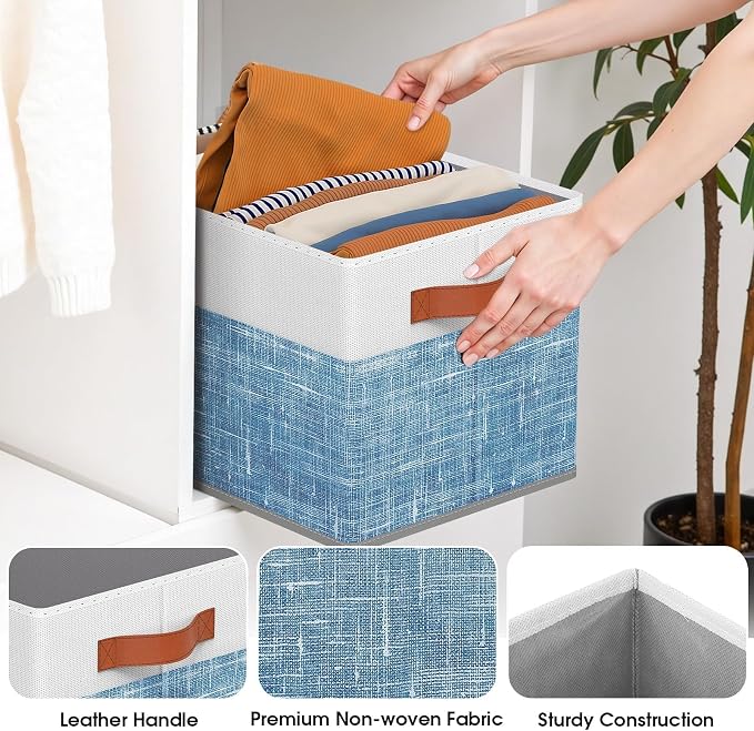 Collapsible Storage Baskets for Shelves,14"x10", 8 Pack Foldable Fabric Storage Bins with Double Leather Handles, Large Baskets for Organizing Books, Clothes, White & Blue - Image 4